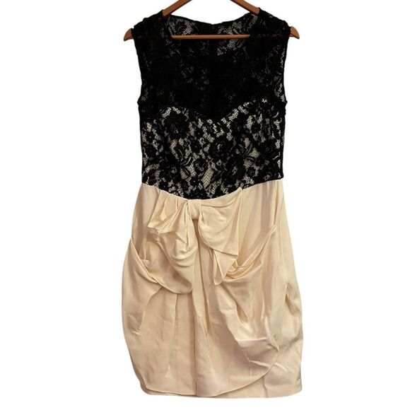 Marchesa Notte Beige Silk Black Lace Short Sleeve Romantic Bubble Mini Dress 10 - Picture 1 of 7